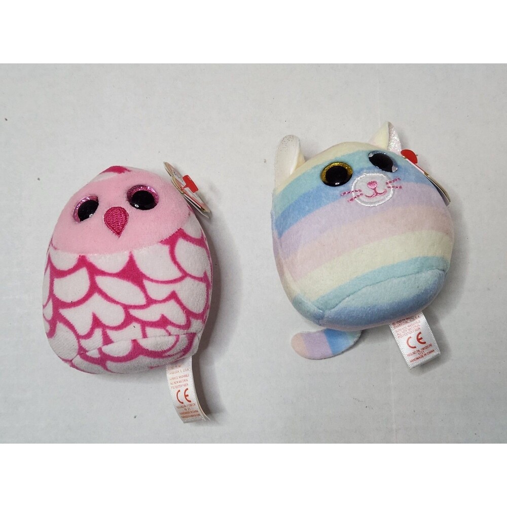 TY Mini Squish‑A‑Boos Lot Heather Cat & Pinky Owl Plush w/ Tags